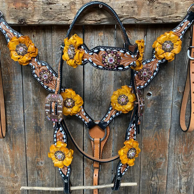 Classic Yellow And Pink Browband/One Ear Tack Set With Wither Strap #Bbbc464 3