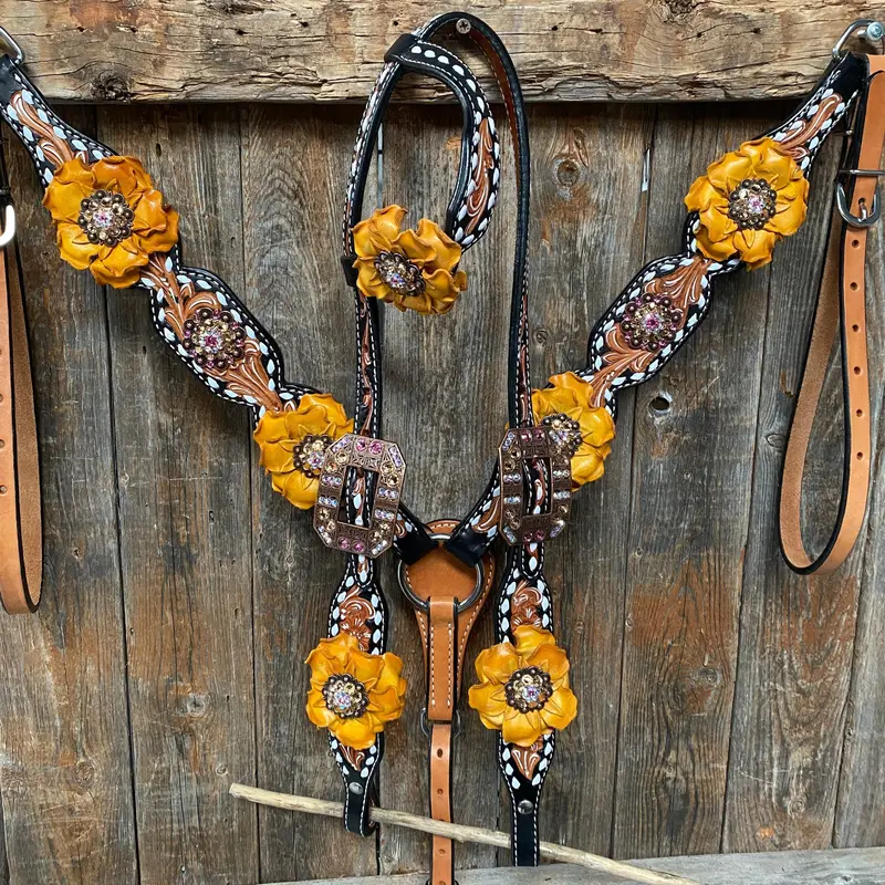 Classic Yellow And Pink Browband/One Ear Tack Set With Wither Strap #Bbbc464 4