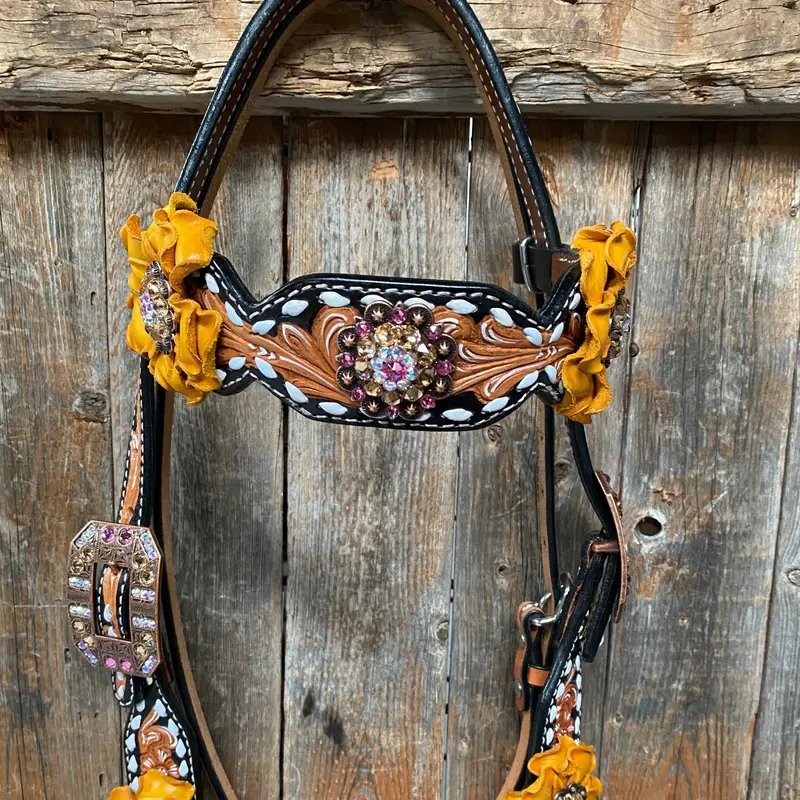 Classic Yellow And Pink Browband/One Ear Tack Set With Wither Strap #Bbbc464 5