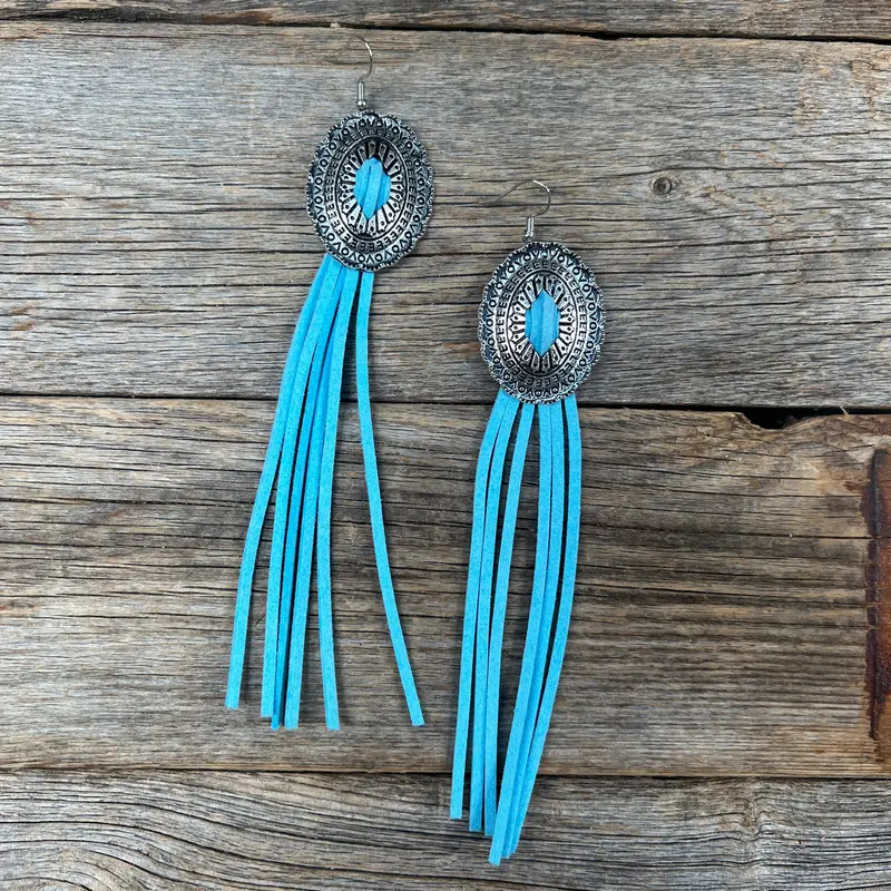 Concho Turquoise Fringe Silver Fashion Earrings Wa216 1