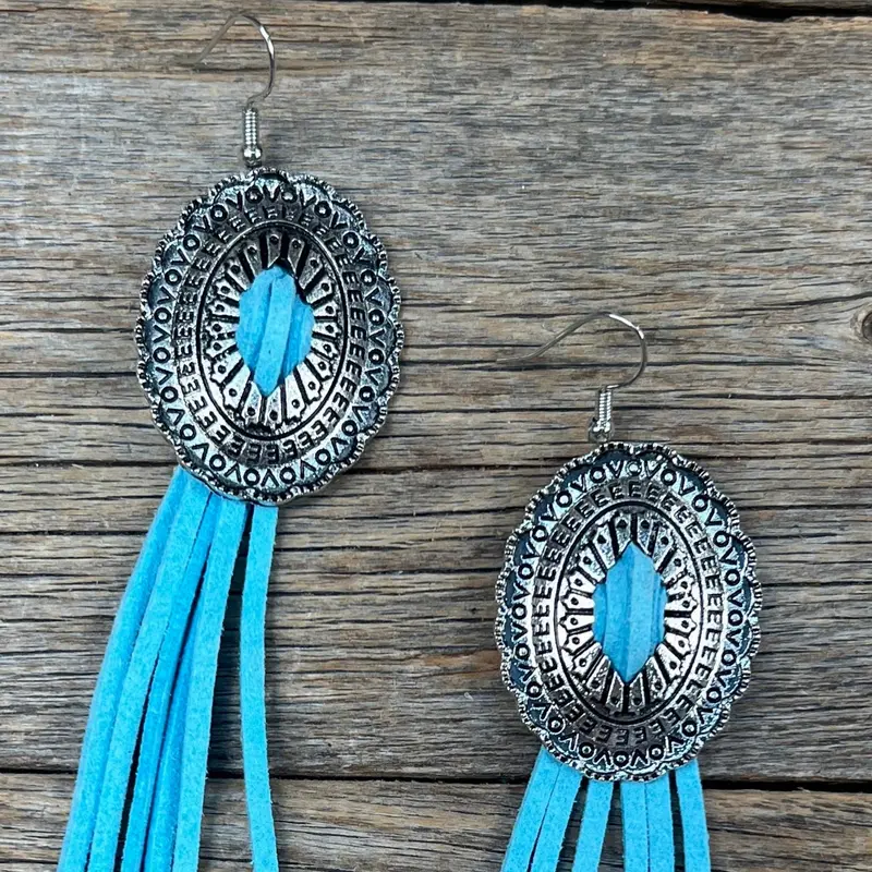 Concho Turquoise Fringe Silver Fashion Earrings Wa216 2