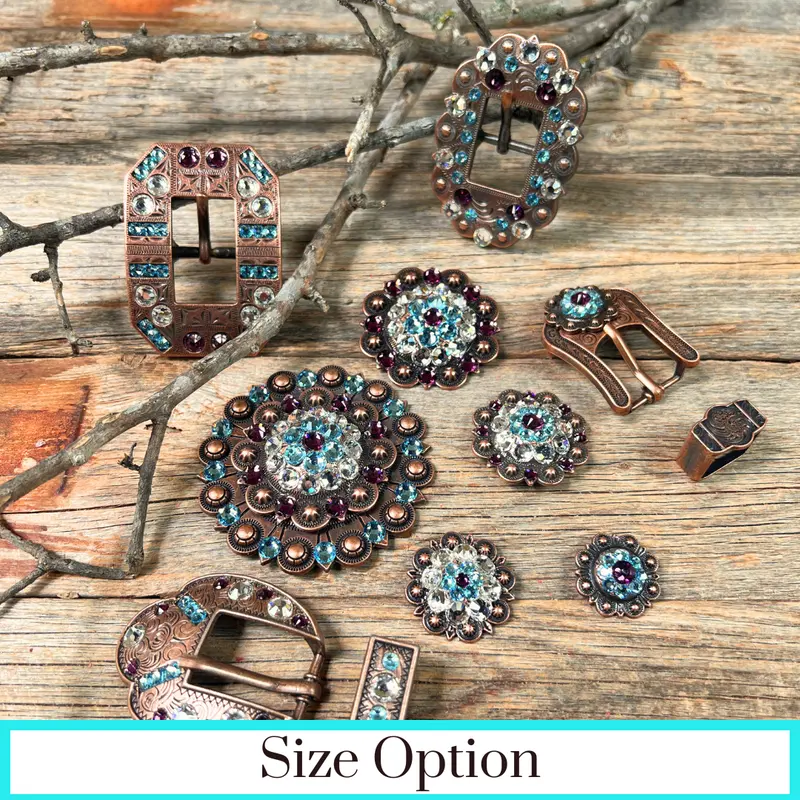 Copper Amethyst, Aqua, Clear Crystal Conchos Sizes From 1"-3" And Buckles 1
