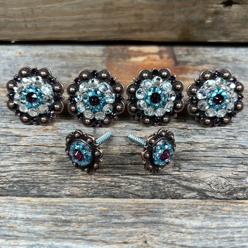 Copper Amethyst Aqua & Clear Saddle Conchos 1