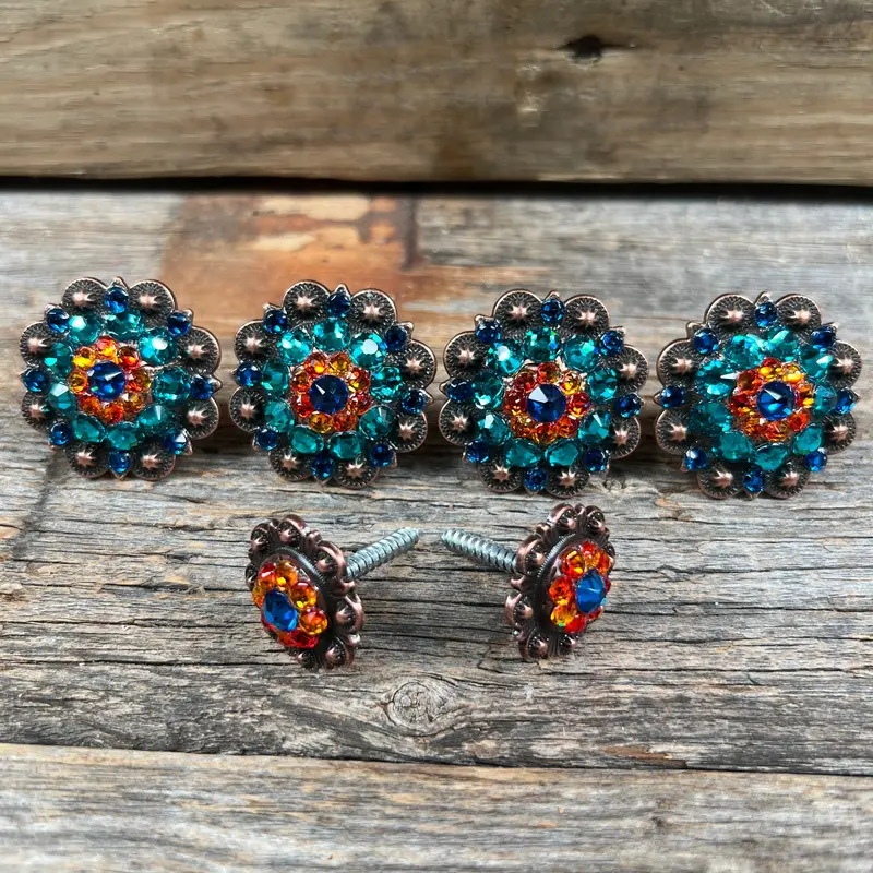 Copper Capri Fire Opal & Teal Saddle Conchos 1