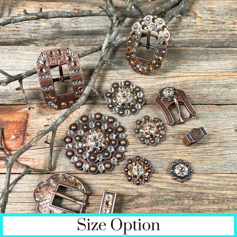 Copper Champagne, Clear Crystal Conchos Sizes From 1"-3" And Buckles 1