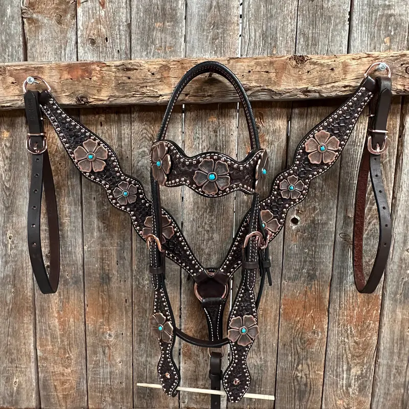 Copper Dot Honeycomb Flower And Turquoise Browband / One Ear Tack Set #Bbbc563 1
