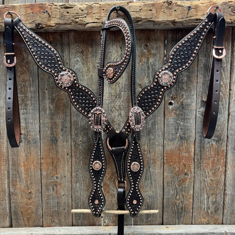 Copper Dot Honeycomb Western Browband / One Ear Tack Set #Bbbc418 2