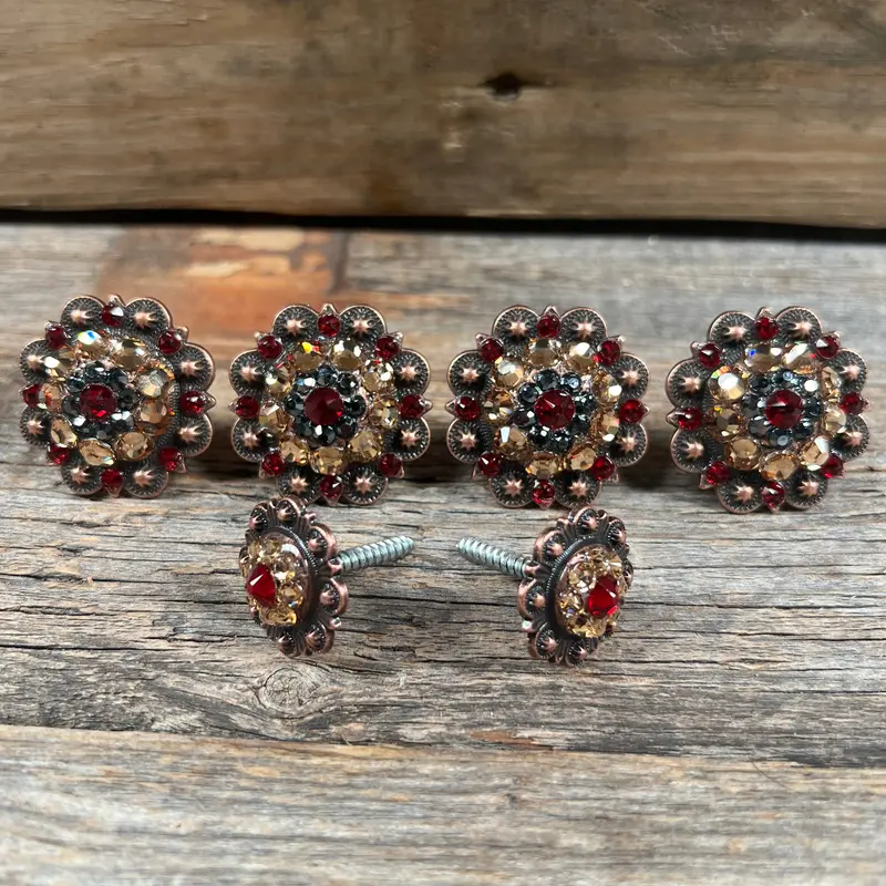 Copper Ruby Jet & Champagne Saddle Conchos 1