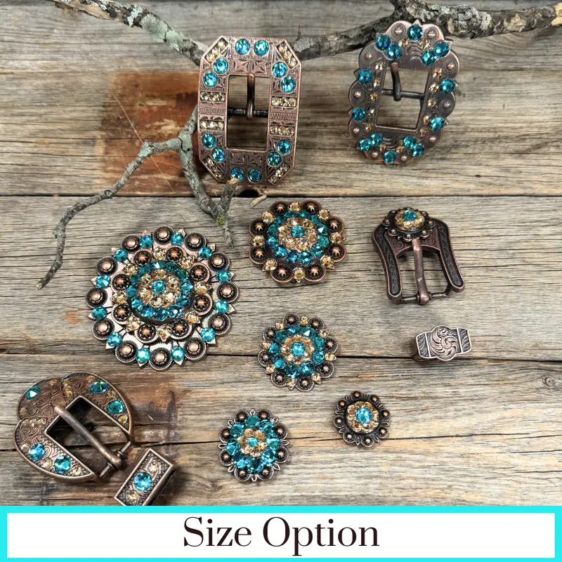 Copper Teal, Champagne Crystal Conchos Sizes From 1"-3" And Buckles 1