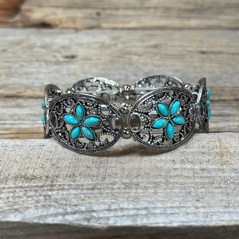 Country Silver Turquoise Flower Fashion Bracelet 1