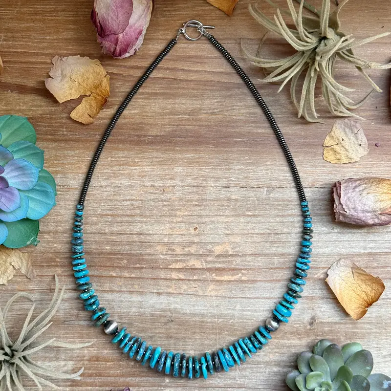 Dark Blue Turquoise Graduated Necklace With Sterling Silver Pearls & Hematite – 23” 1