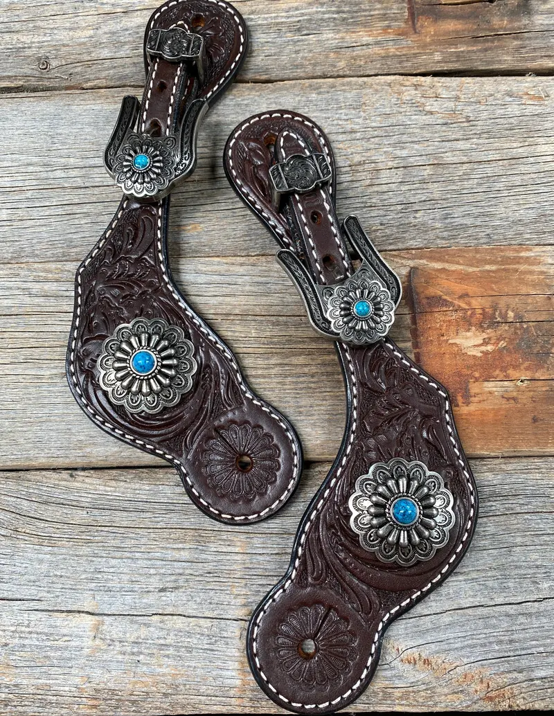 Dark Floral Spur Straps - Antique Silver Western Conchos #Ss111 1