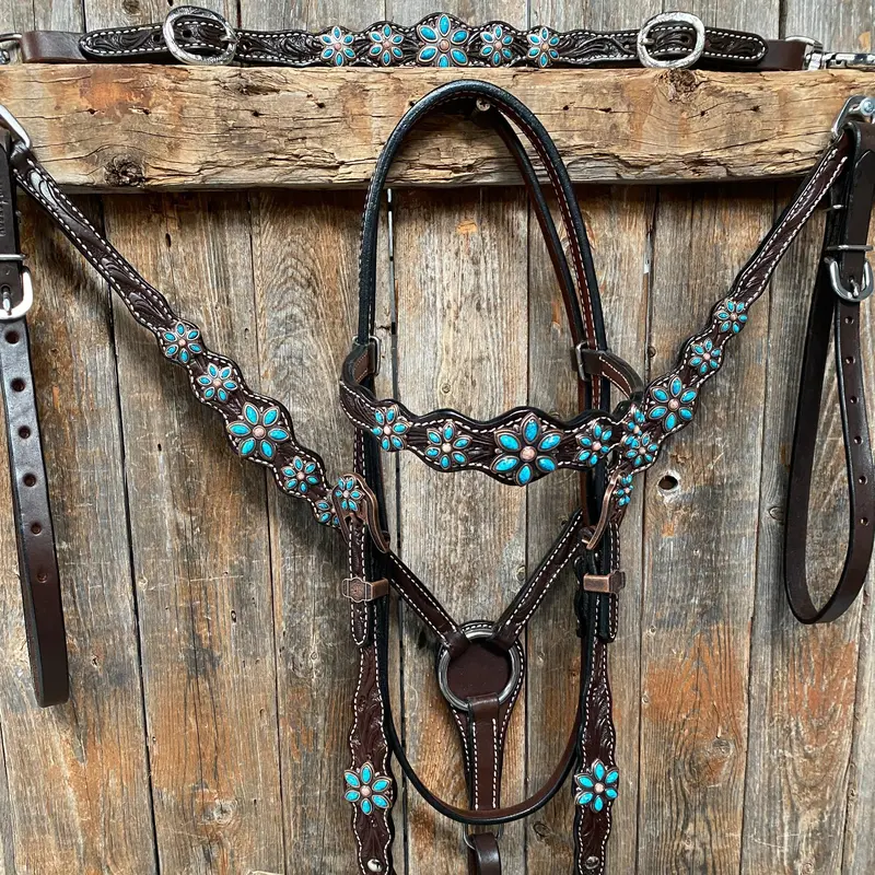 Dark Floral Turquoise Browband/One Ear Tack Set With Wither Strap  #Bbbc465 1