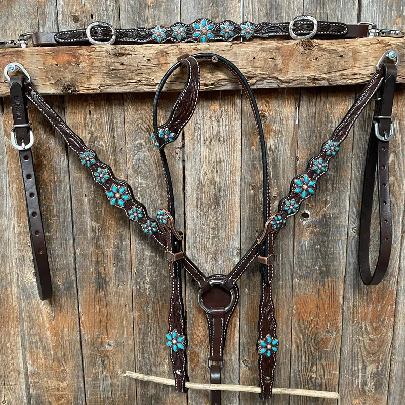 Dark Floral Turquoise Browband/One Ear Tack Set With Wither Strap #Bbbc465 3