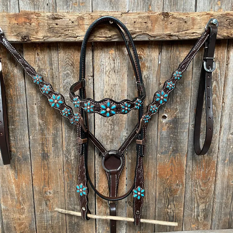 Dark Floral Turquoise Browband/One Ear Tack Set With Wither Strap #Bbbc465 4