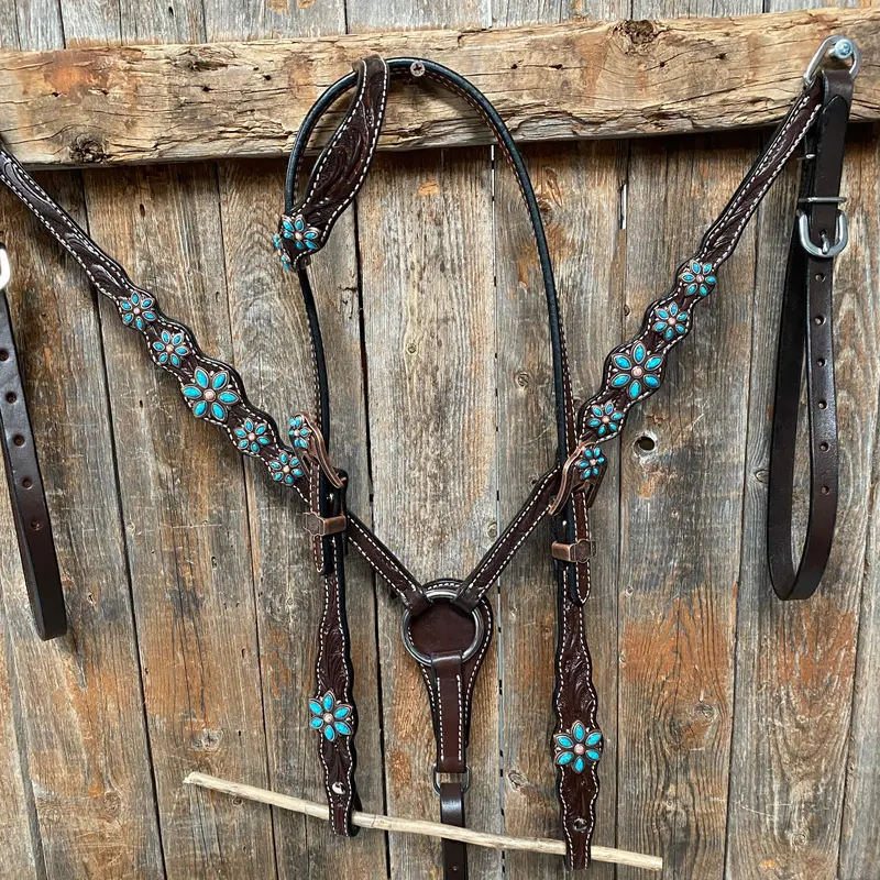 Dark Floral Turquoise Browband/One Ear Tack Set With Wither Strap #Bbbc465 5