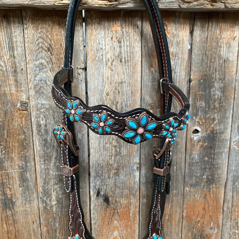 Dark Floral Turquoise Browband/One Ear Tack Set With Wither Strap #Bbbc465 5