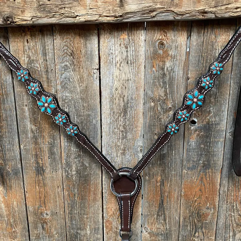 Dark Floral Turquoise Browband/One Ear Tack Set With Wither Strap #Bbbc465 6