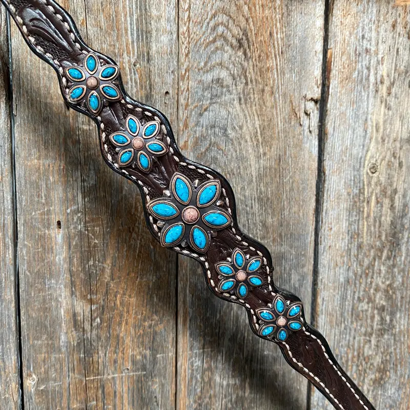 Dark Floral Turquoise Browband/One Ear Tack Set With Wither Strap #Bbbc465 7