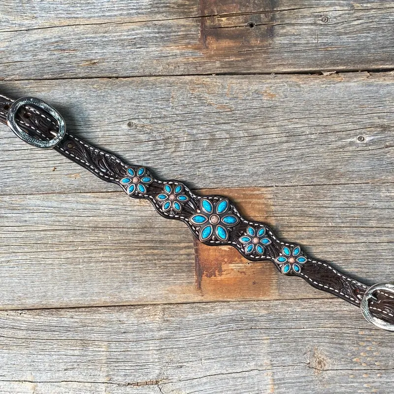 Dark Floral Turquoise Browband/One Ear Tack Set With Wither Strap #Bbbc465 8