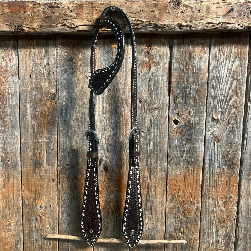 Dark Oil Basketweave Buckstitch Tooled One Ear Headstall / Bridle 1
