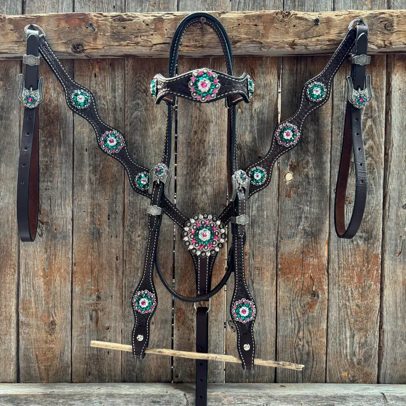 Dark Oil Basketweave Fuchsia, Clear, Emerald Browband/One Ear Tack Set  #Bbbc673 1