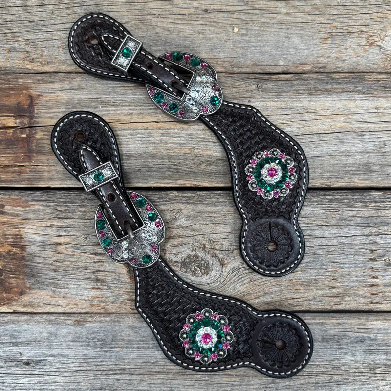Dark Oil Basketweave Spur Straps - Antique Silver Crystal Conchos #Ss142 1