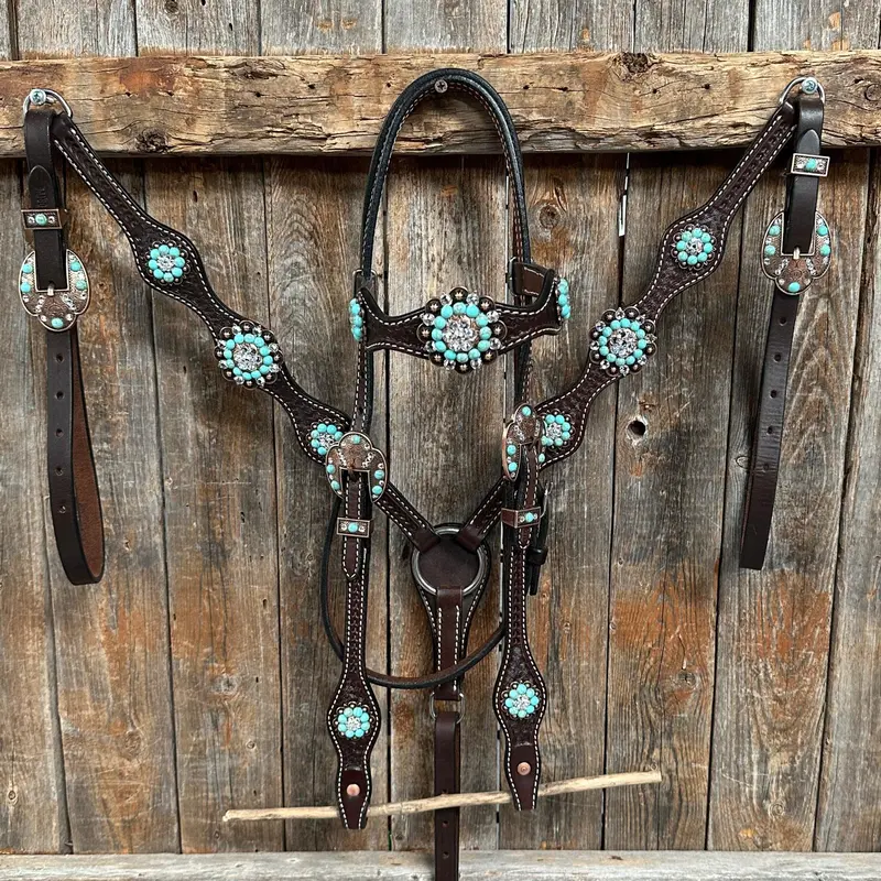 Dark Oil Basketweave Turquoise And Clear Browband Tack Set  #Bbbc530 1