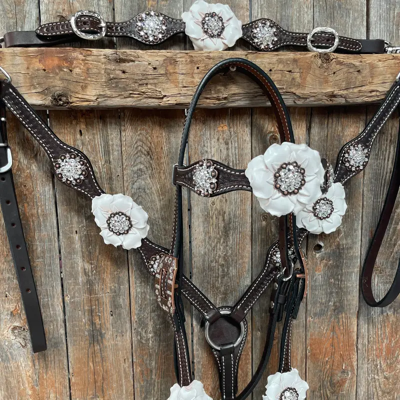 Dark Oil Basketweave White Browband/One Ear Tack Set With Witherstrap #Bbbc453 1