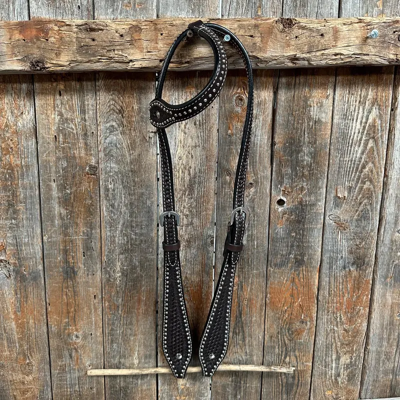 Dark Oil Basketweave With Silver Dots One Ear Headstall / Bridle 1