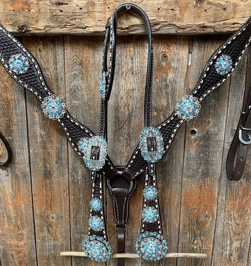 Dark Oil Buckstitch Aqua And Clear One Ear & Breastcollar Tack Set #Oebc439 1