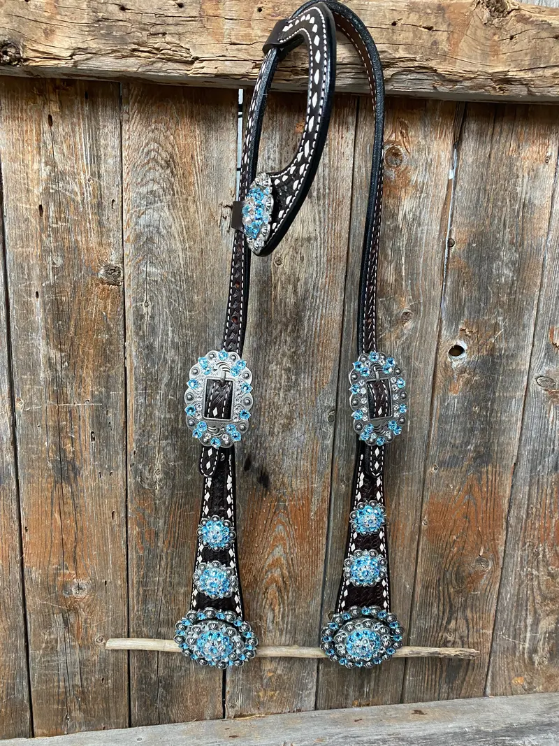 Dark Oil Buckstitch Aqua And Clear One Ear & Breastcollar Tack Set #Oebc439 2