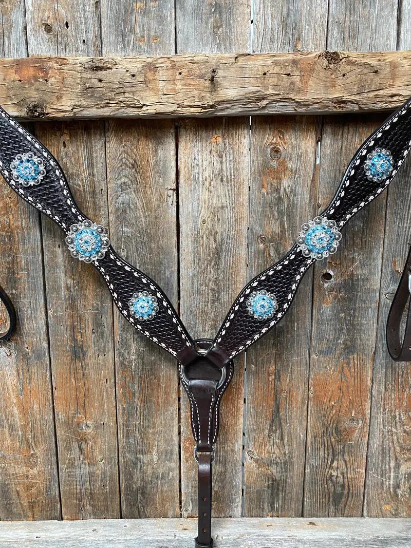 Dark Oil Buckstitch Aqua And Clear One Ear & Breastcollar Tack Set #Oebc439 3
