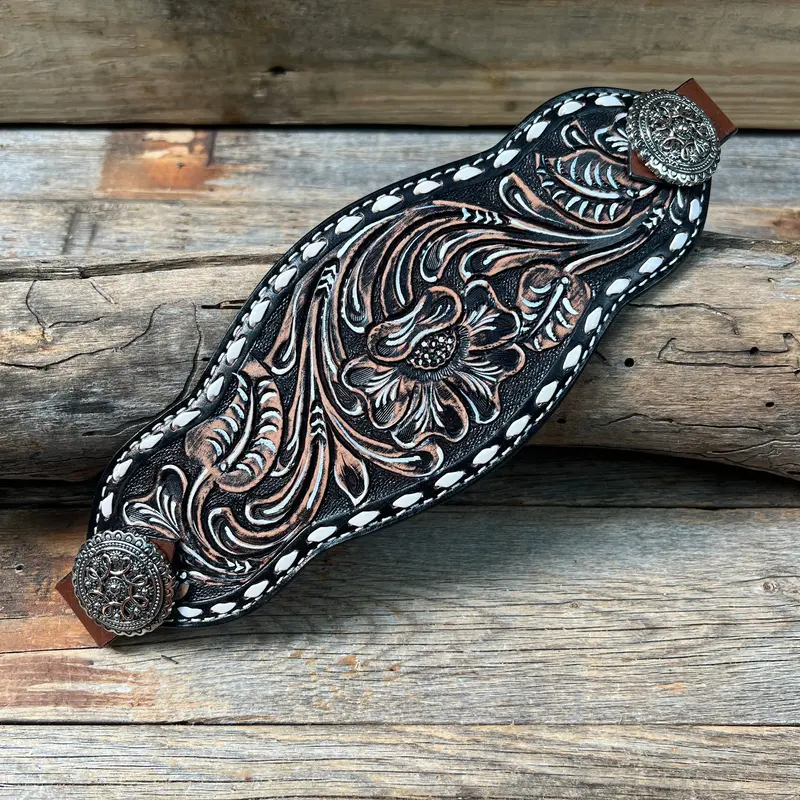 Dark Oil Buckstitch Bronc Noseband With Flowers And Loops Conchos 1