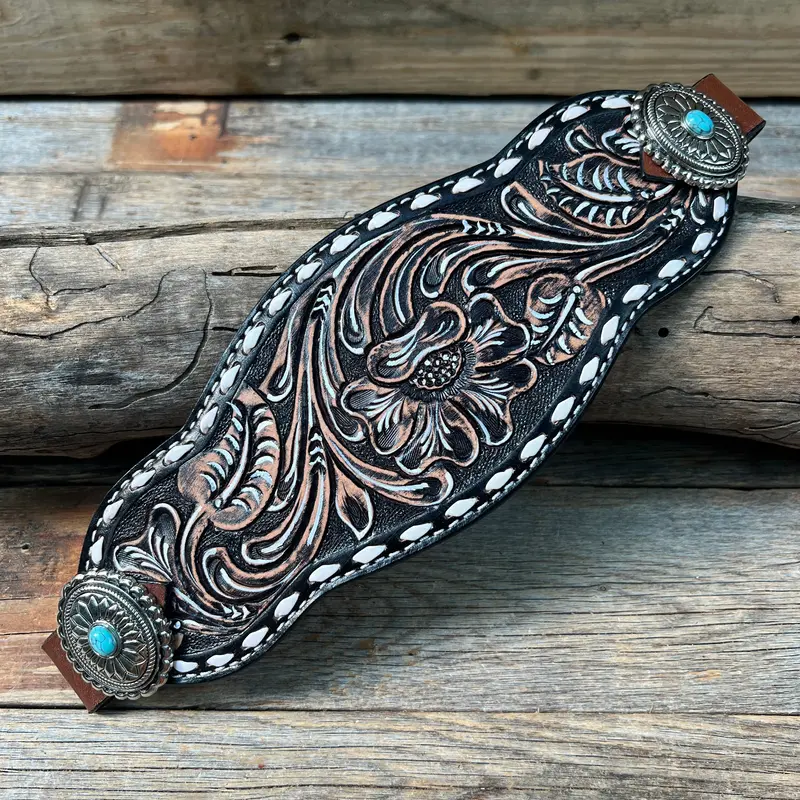 Dark Oil Buckstitch Bronc Noseband With Oval Turquoise Conchos 1