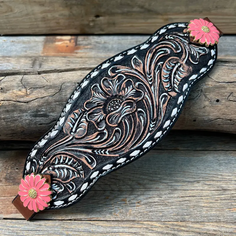 Dark Oil Buckstitch Bronc Noseband With Pink Flowers Conchos 1