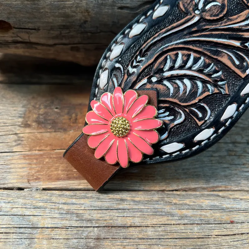 Dark Oil Buckstitch Bronc Noseband With Pink Flowers Conchos 2