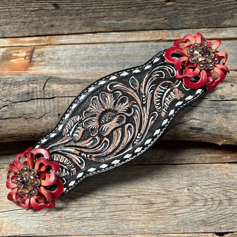 Dark Oil Buckstitch Bronc Noseband With Red Flowers And Crystal Conchos #Bn100 1