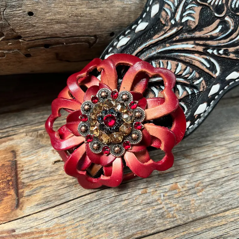 Dark Oil Buckstitch Bronc Noseband With Red Flowers And Crystal Conchos #Bn100 2
