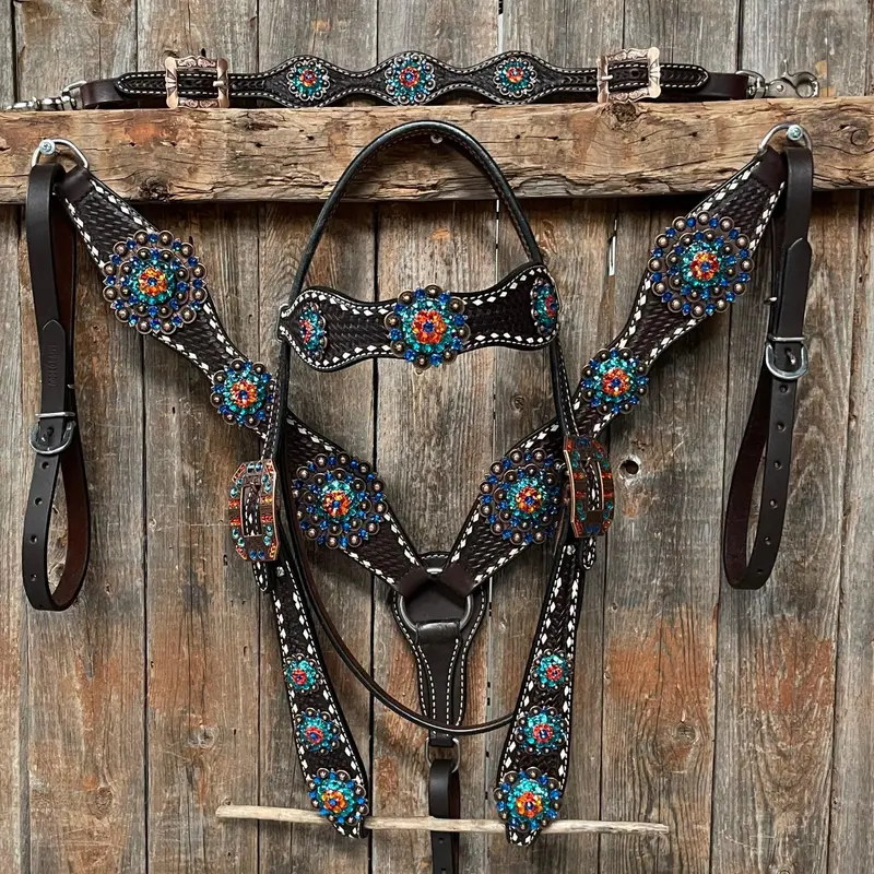 Dark Oil Buckstitch Capri/Fire Opal/Teal Browband/One Ear Tack Set With Wither Strap  #Bbbc471 1
