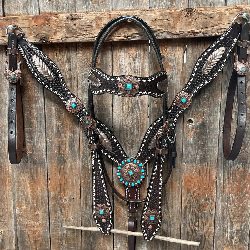 Dark Oil Buckstitch Copper And Turquoise Browband / One Ear / Breastcollar Buckstitch Tack Set #Bbbc400 1