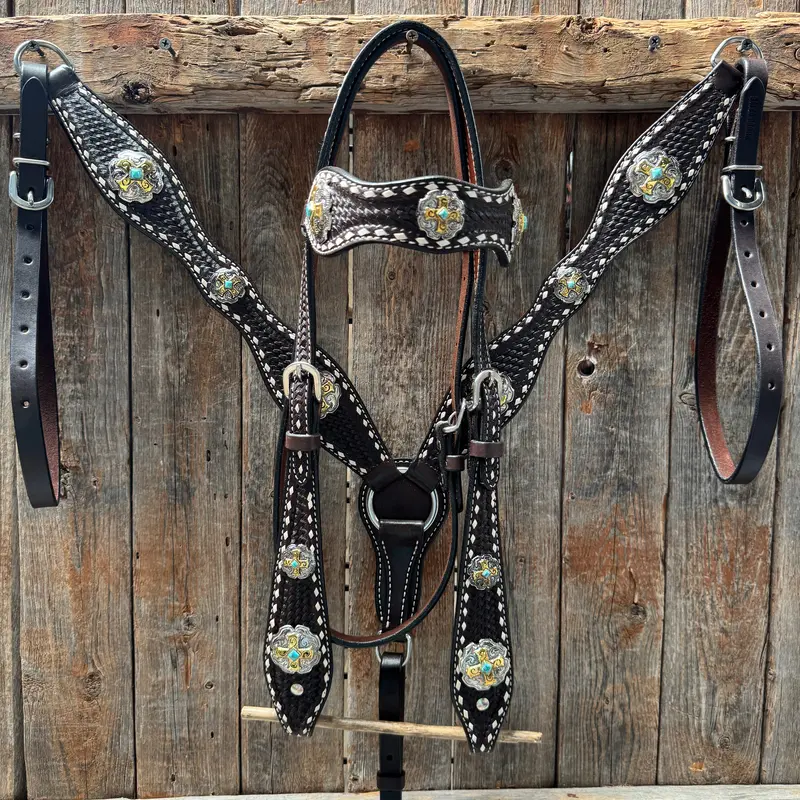Dark Oil Buckstitch Gold Cross Browband/One Ear And Breastcollar Tack Set #Bbbc401 1