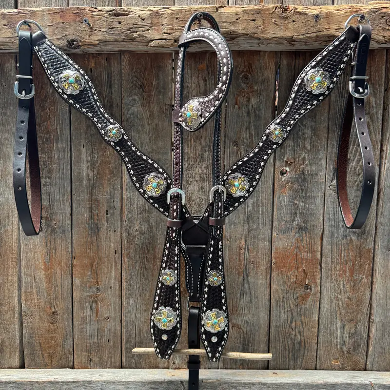 Dark Oil Buckstitch Gold Cross Browband/One Ear And Breastcollar Tack Set #Bbbc401 2