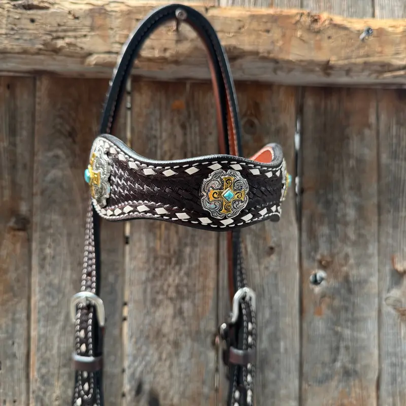 Dark Oil Buckstitch Gold Cross Browband/One Ear And Breastcollar Tack Set #Bbbc401 4