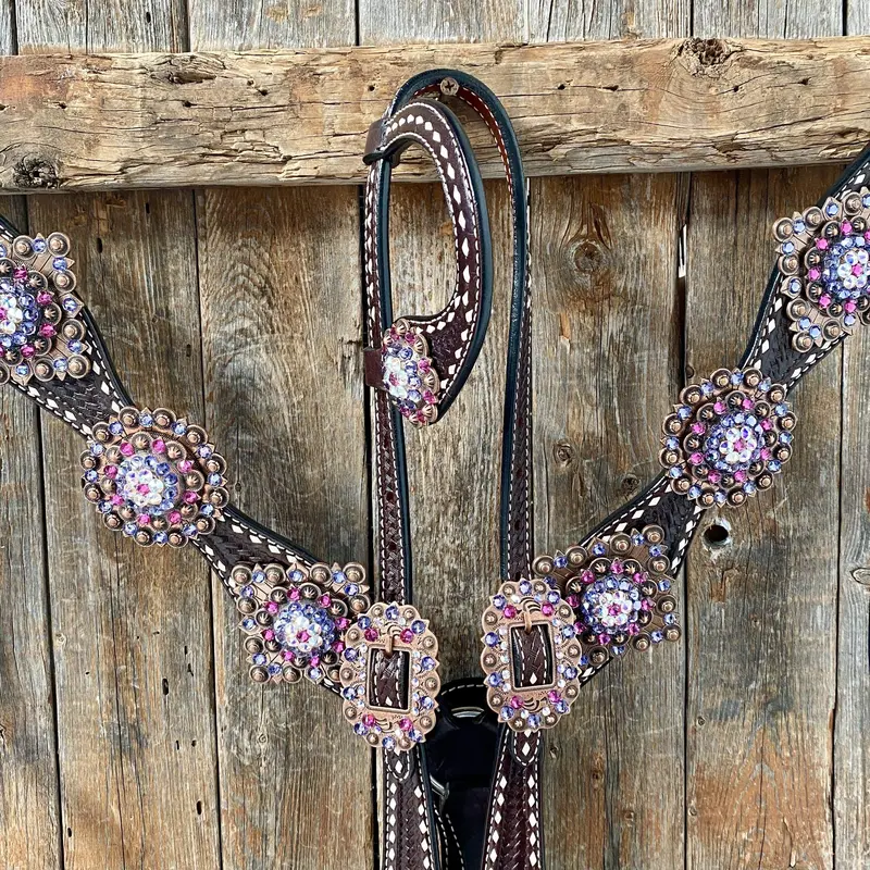 Dark Oil Buckstitch One Ear Headstall & Breastcollar - Pink #Oebc415 1