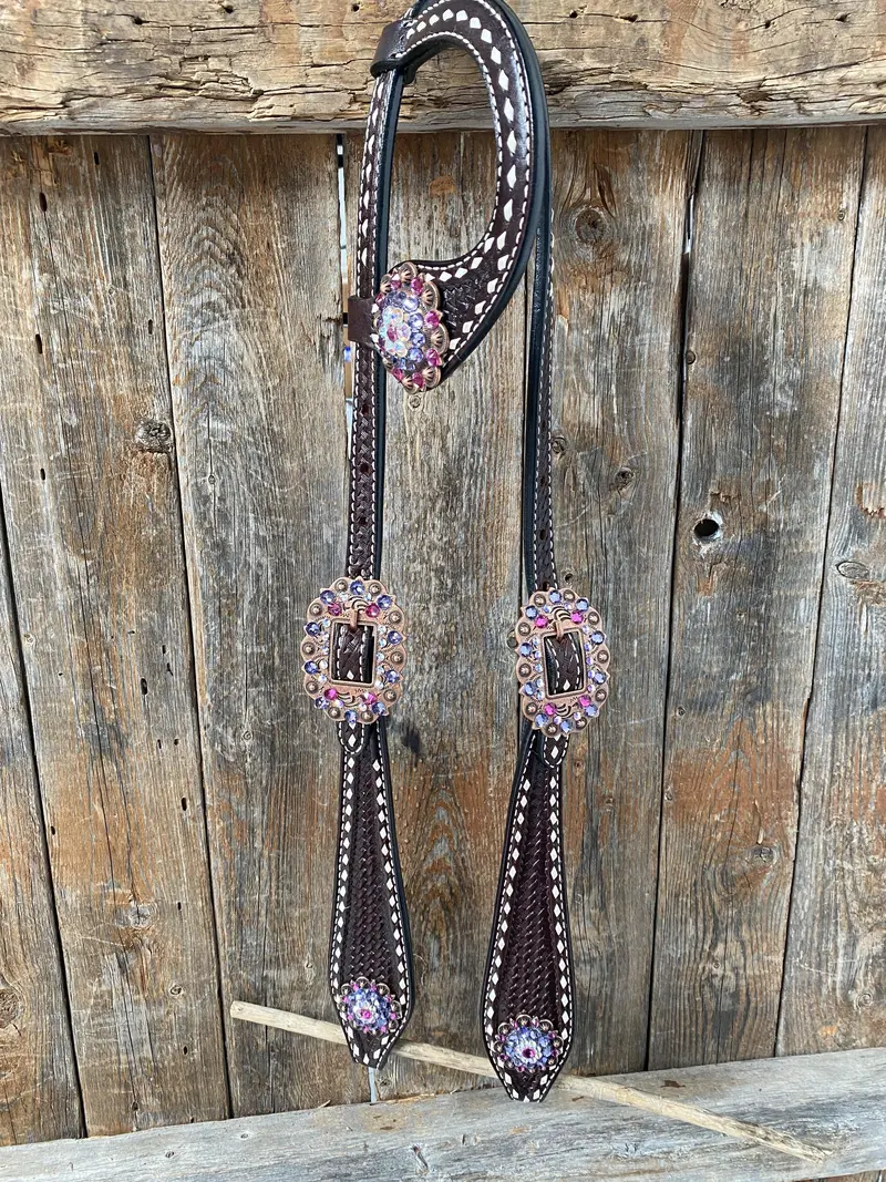 Dark Oil Buckstitch One Ear Headstall & Breastcollar - Pink #Oebc415 2
