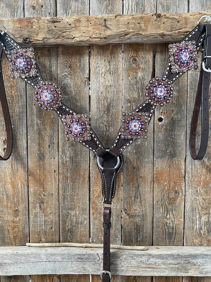 Dark Oil Buckstitch One Ear Headstall & Breastcollar - Pink #Oebc415 3