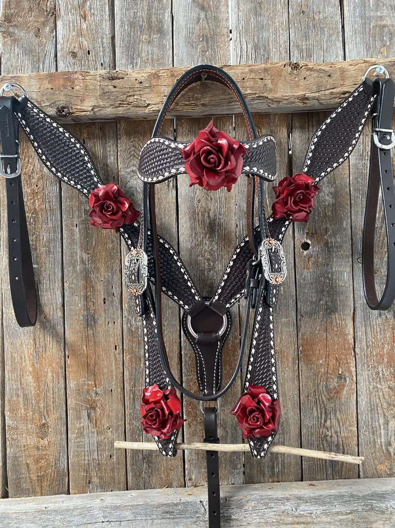 Dark Oil Buckstitch -Red Rose Browband Headstall & Breastcollar Tack Set #Bbbc402 1