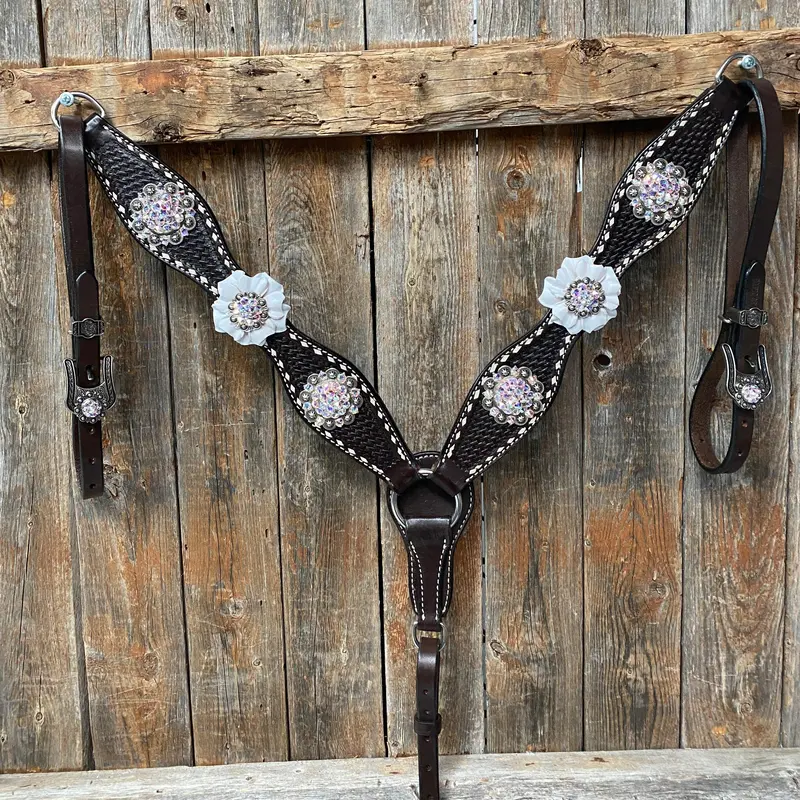 Dark Oil Buckstitch White Floral One Ear & Breastcollar Tack Set #Oebc444 3