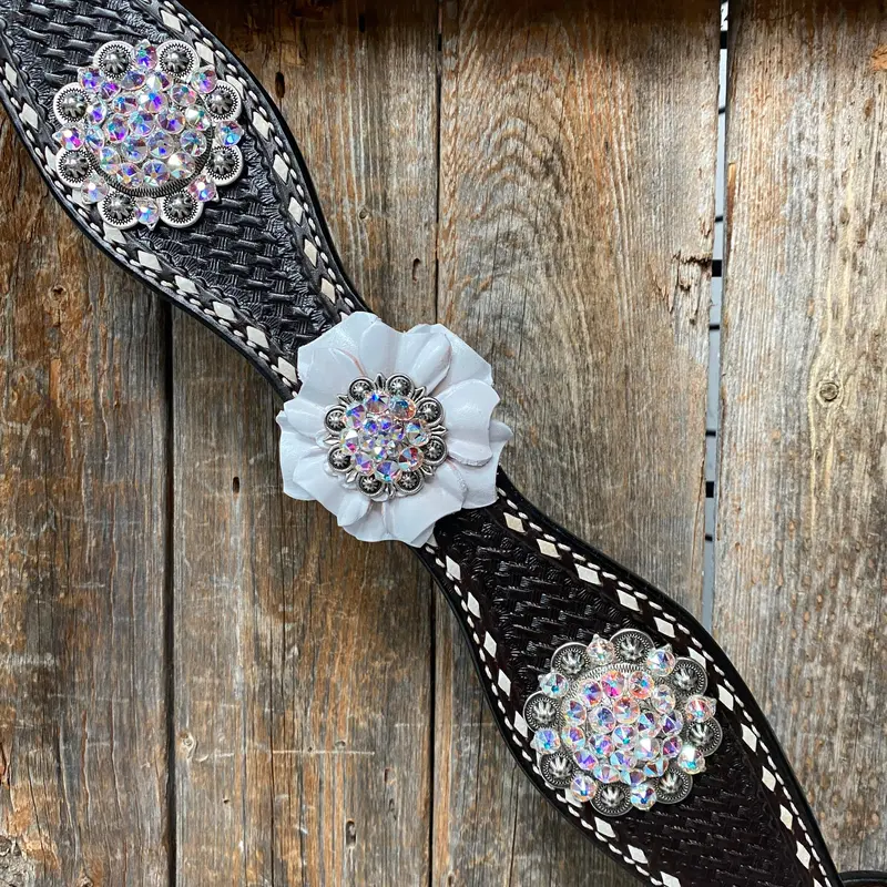 Dark Oil Buckstitch White Floral One Ear & Breastcollar Tack Set #Oebc444 3